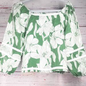 Tahari Square Neck 3/4 Sleeve Braided Trim Linen Shirt - Size M - Green EUC